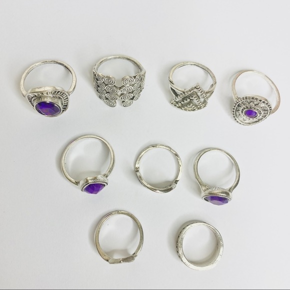 Bohemian Purple Stone Silver Tone Ring Set 9pc - Picture 3 of 4